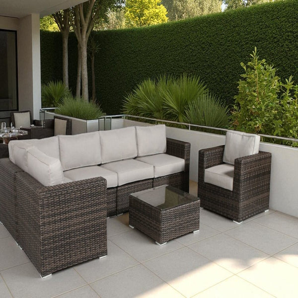 English Elm 5-Person Wicker Patio Set with Cushions Fully Assembled — 7-Piece Weatherproof Aluminum Sofa Set, Plush 5" Cushions Grey B120S00107