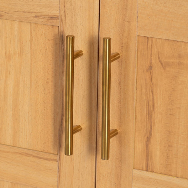 English Elm K&K Arched 71" Kitchen Pantry Cabinet with Glass Doors, Brass Handles, Adjustable Shelves & Drawer Natural N707P288969Y