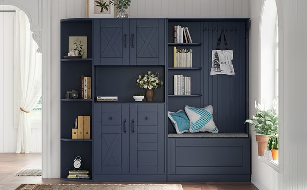 English Elm Multifunctional Modular Hall Tree Cabinet with Open Shelves and Hooks for Entryway Antique Blue W1580S00520