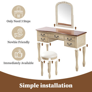 English Elm 46" Vintage Dressing Table Floral Carved Mirror 5 Drawers Stool Bedroom Vanity N704P381405K