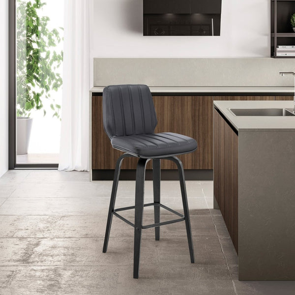 English Elm Quorin 30" Swivel Bar Stool In Gray Faux Leather With Black Wood Legs – Modern Comfort & Style Upgrade B2736P268621-GIGA