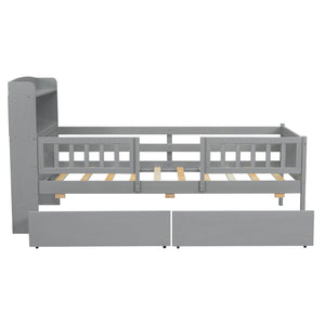 English Elm Wood Twin Size Platform Bed with Built-in LED Light, Multifunctional Headboard, Guardrail & Storage Drawers Gray N709P243969E