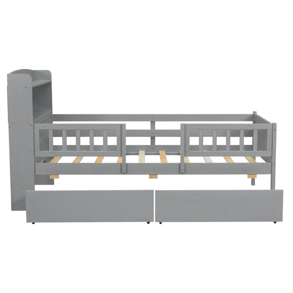 English Elm Wood Twin Size Platform Bed with Built-in LED Light, Multifunctional Headboard, Guardrail & Storage Drawers Gray N709P243969E