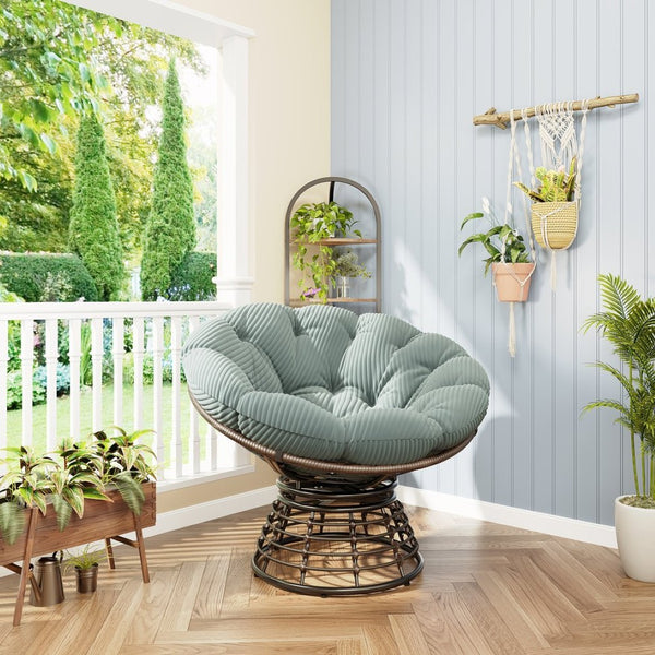 English Elm Comfortable Rattan Papasan Swivel Chair Overstuffed Corduroy Cushion Indoor Outdoor Lounge W640P443557