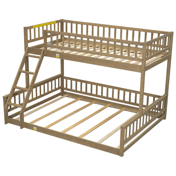 English Elm Twin Twin XL over Queen bunk bed with ladder and guardrails, sturdy pine MDF frame for small rooms Walnut GX000464AAD