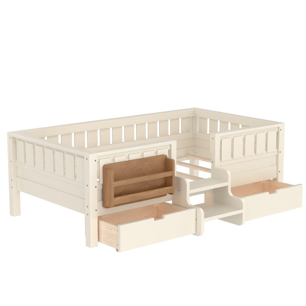 English Elm Twin Kids Storage Bed with Bookshelf Headboard Safety Staircase and Under Drawers Beige W1580P379183