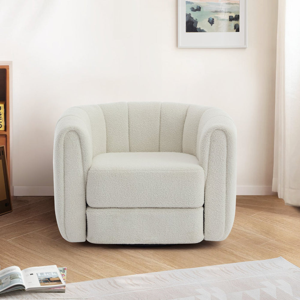 English Elm Swivel Teddy Barrel Chair with 360° Rotation, Plush Upholstered Bucket Seat, Solid Wood Frame White Teddy W2606P187688