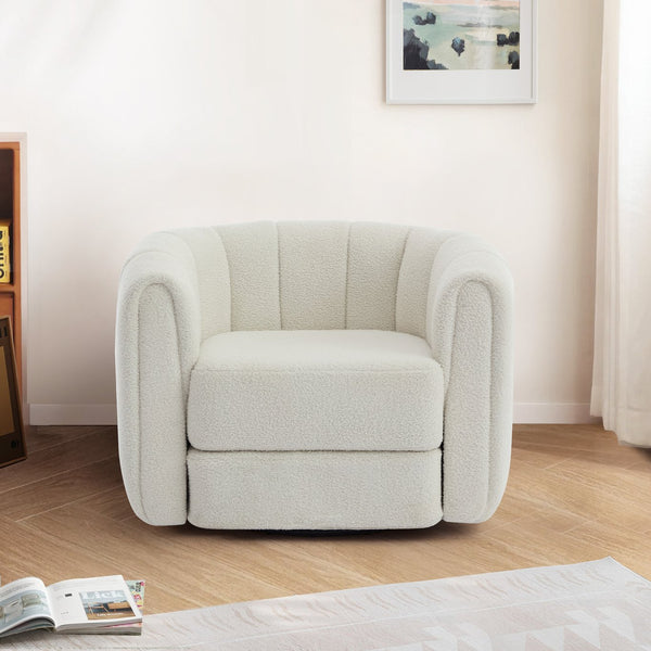 English Elm Swivel Teddy Barrel Chair with 360° Rotation, Plush Upholstered Bucket Seat, Solid Wood Frame White Teddy W2606P187688
