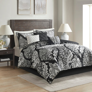 English Elm 7 Piece Cotton Comforter Set - Elegant Black King Size Bedding With Damask Print & Decorative Pillows B03597262