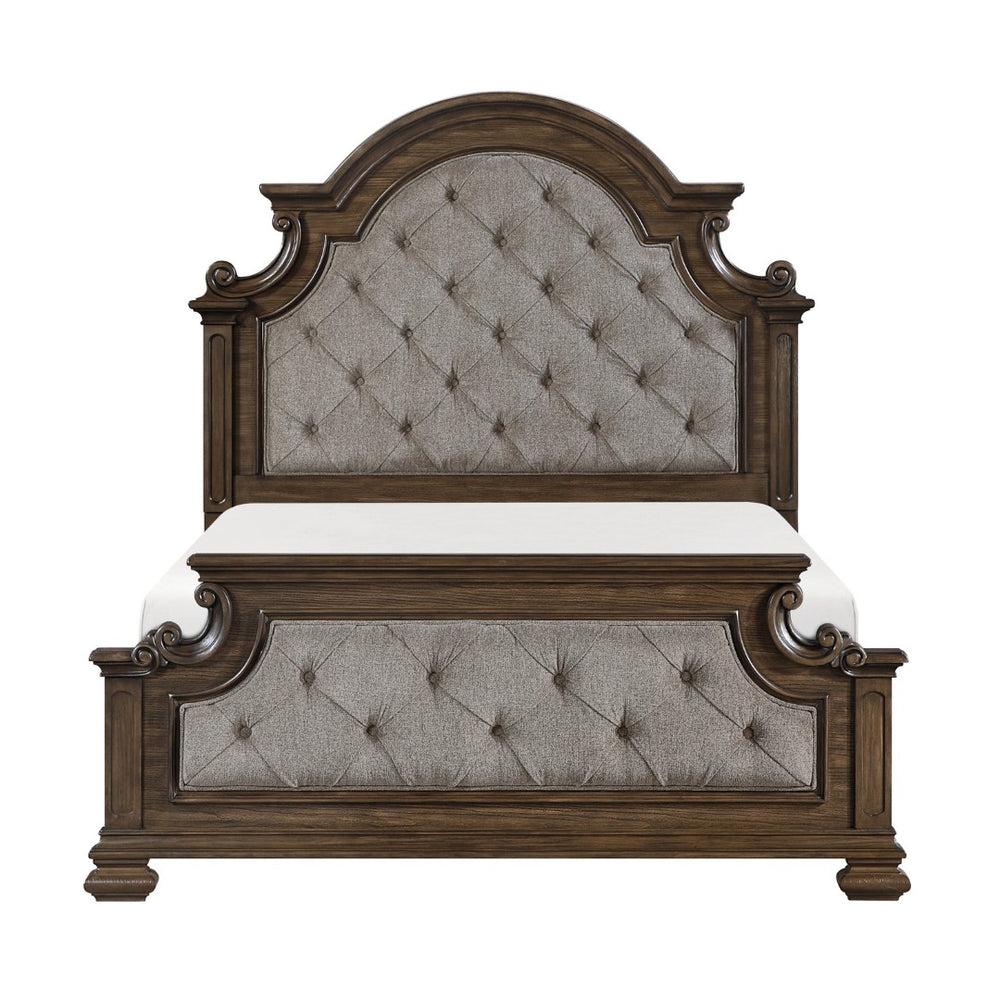 English Elm Traditional Queen Bed Gray Chenille Arched Tufted Headboard Oak Walnut Bedroom B011S02507