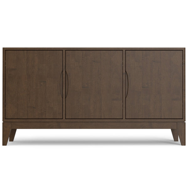 English Elm Harper Walnut Brown 3-Door Sideboard Buffet – Solid Rubberwood, Mid-Century Tapered Legs, Storage B136P235248