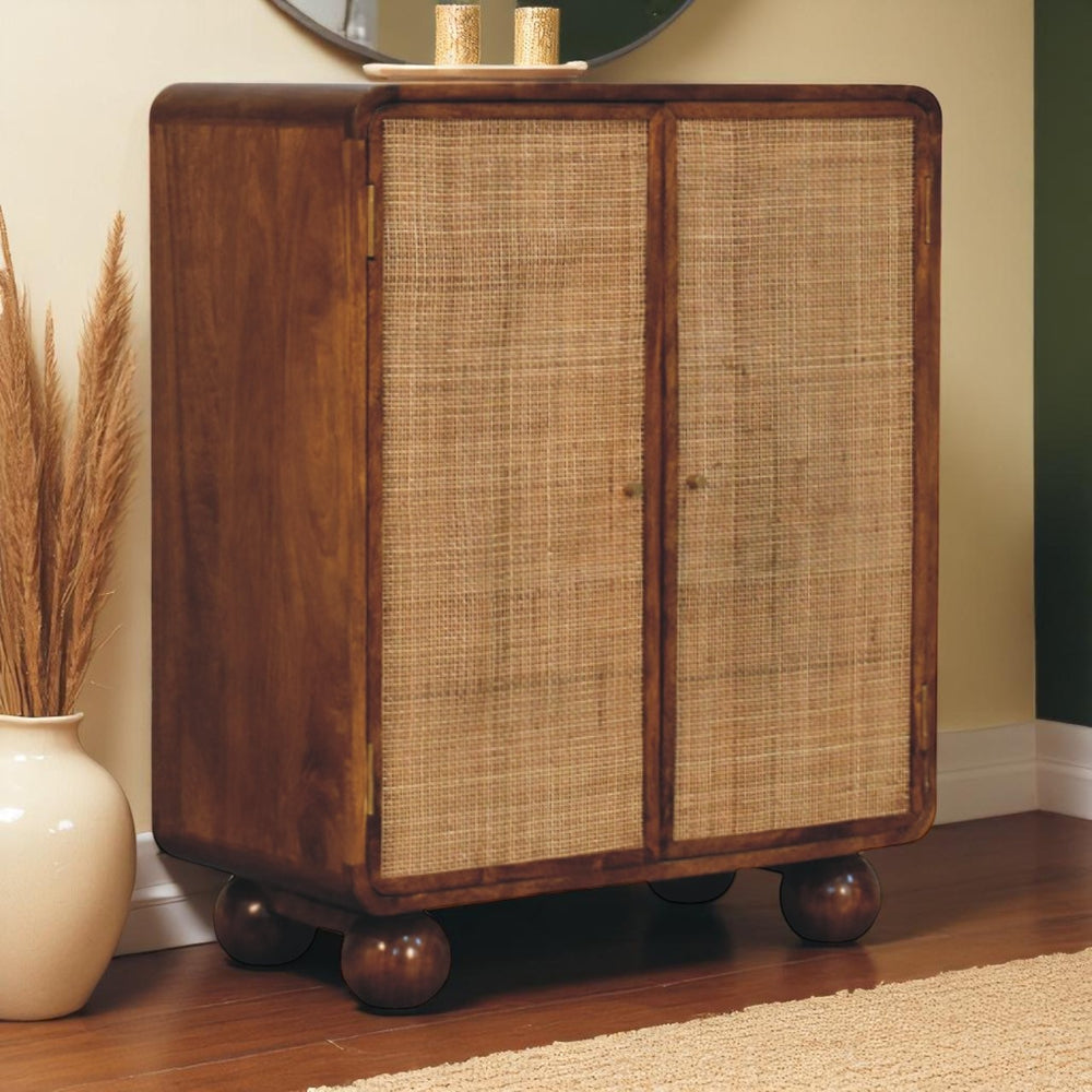 English Elm Solid Wood Larissa Chestnut Cabinet with Handwoven Rattan Doors, Rounded Ball Feet, Compact Storage B182P354268