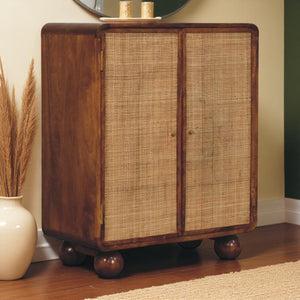 English Elm Solid Wood Larissa Chestnut Cabinet with Handwoven Rattan Doors, Rounded Ball Feet, Compact Storage B182P354268