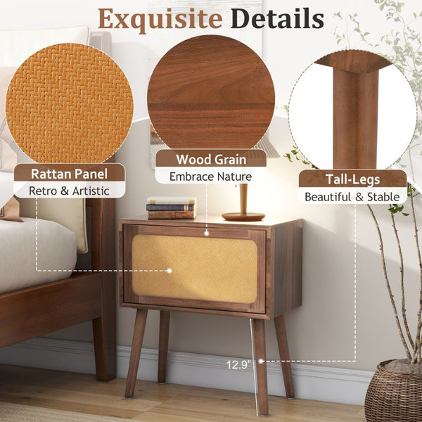 English Elm Rotating Rattan Nightstand Push Open Hidden Storage Mid Century Wood Leg Bedside Walnut N761P288451N