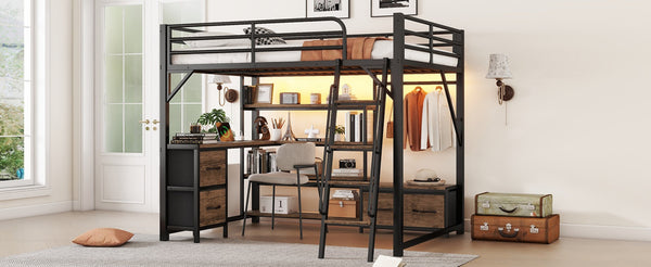 English Elm Queen Size Loft Bed With Desk & Led Lighting - Stylish Metal Bed With Storage & Workstation For Small Spaces W2593S00041-GIGA