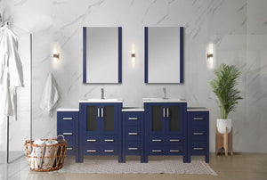 English Elm Navy Double Bath Vanity 84" W x 18.25" D with Side Cabinets, Soft-Close Drawers, White Ceramic Top and 22" Mirrors B2731S00602