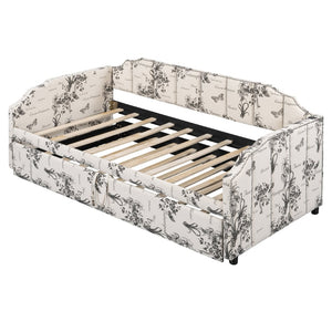 English Elm Twin Linen Upholstered Daybed with Pop up Trundle and Built in Usb Charging White Tossed Botanical SF000199AAZ