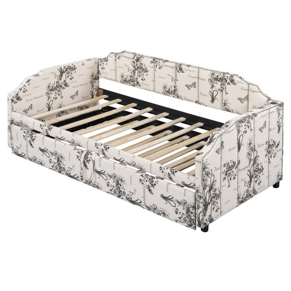 English Elm Twin Linen Upholstered Daybed with Pop up Trundle and Built in Usb Charging White Tossed Botanical SF000199AAZ