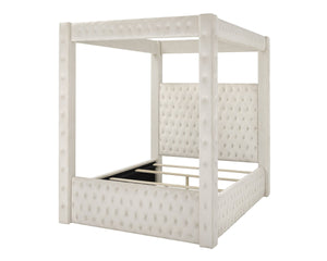 English Elm 1pc Velvet Four Poster Queen Bed Crystal Tufted Upholstered Glam Bedroom Frame Ivory B011S02311