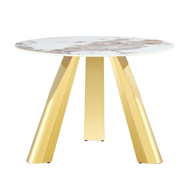 English Elm Table 5-Piece Dining Set: 42-Inch White Imitation Marble Round Top With 4 Chic Black Chairs & Gold Legs W2920S00051-GIGA