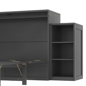 English Elm Queen Murphy Wall Bed with Open Shelves and Drawers for Guest or Office Rooms Dark Gray W5316S00009