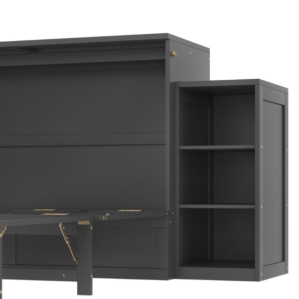English Elm Queen Murphy Wall Bed with Open Shelves and Drawers for Guest or Office Rooms Dark Gray W5316S00009