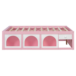 English Elm Full Size Kids Platform Bed with Led Lighting Bookshelf Display Cabinet and Storage Drawer Pink+White N820S00077H