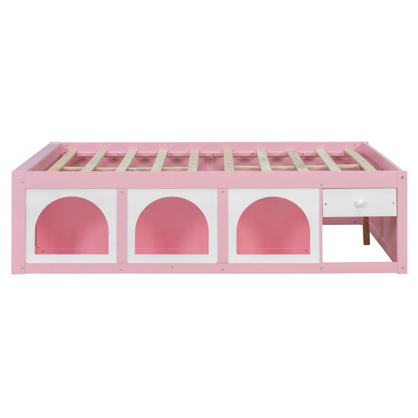 English Elm Full Size Kids Platform Bed with Led Lighting Bookshelf Display Cabinet and Storage Drawer Pink+White N820S00077H