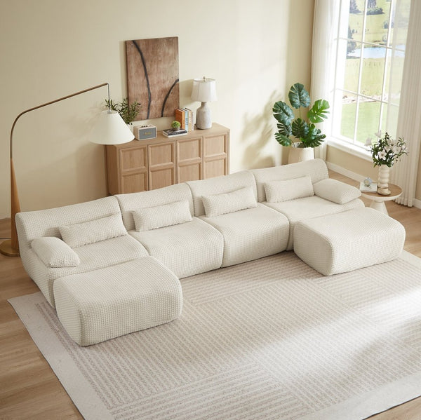 English Elm Sectional U-shaped Corduroy Sofa with Ottoman Convertible Layout for Any Living Room Cream W2339S00155