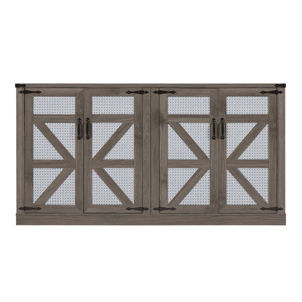 English Elm 65-Inch Slate Gray 3D Faux Rattan Sideboard with Barn-Style Doors, Magnetic Closure & Adjustable Shelves Stone Gray W2702P184395