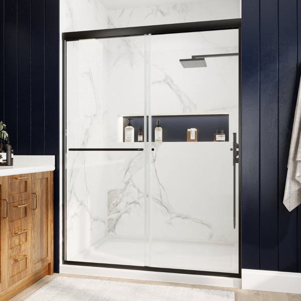 English Elm 50in. Barn Style Sliding Shower Door Matte Black Anodized Frame with Tempered Clear Glass W637123851