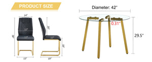English Elm Table Set - Modern Minimalist Round Clear Glass Table With Black Pu Leather Chairs & Gold Legs W1151S01714-GIGA