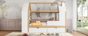 English Elm Twin House Frame Bed Pine Wood with Storage Drawers and Shelves for Kids Bedroom W1580S00572