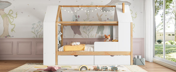 English Elm Twin House Frame Bed Pine Wood with Storage Drawers and Shelves for Kids Bedroom W1580S00572