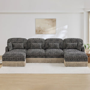 English Elm 131"comfy Chenille Leopard Print U-shaped Sectional with Tassel Trim and Modular Ottomans Khaki W5656S00027