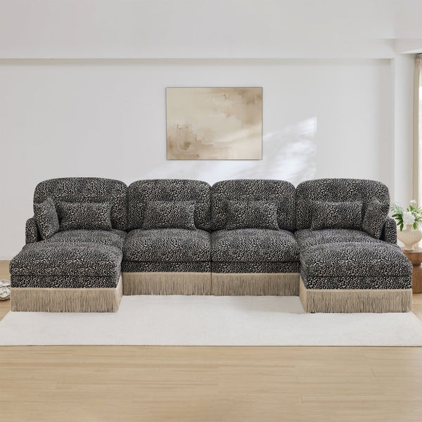 English Elm 131"comfy Chenille Leopard Print U-shaped Sectional with Tassel Trim and Modular Ottomans Khaki W5656S00027