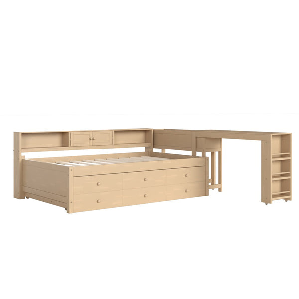 English Elm Twin Daybed Pine Frame with Trundle Desk Hutch Shelves and Storage for Kids Rooms Golden W1580S00460