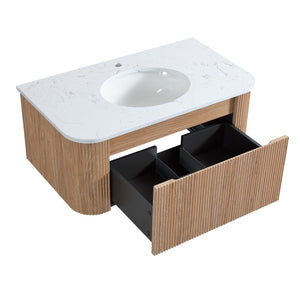 English Elm Arcora Floating Bathroom Vanity Slatted Wood Front Carrara Marble Ceramic Sink Modern W3235S00008