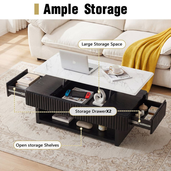 English Elm 46.5" Lift Top Coffee Table Fluted Frame Marble Pattern Hidden Storage Modern Living W5278P458348