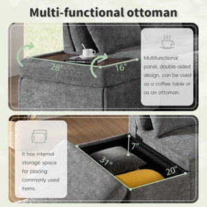 English Elm [video]107'' Chenille Sleeper Sectional with Usb Charging Storage Ottoman and Adjustable Armrest Gray N723S8782E