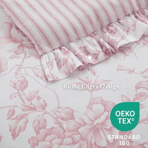JLA Home Madison Park Essentials - 5 Vintage-Inspired Comforter Set with Ruffle Trim, Reversible Stripe, OEKO-TEX Soft Microfiber Luxury Pink MPE10-1170