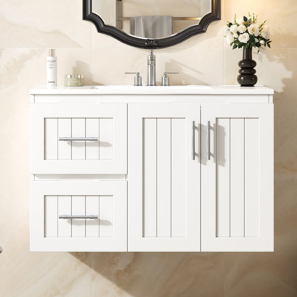 English Elm 36'' Wall Mounted Bathroom Vanity with Ceramic Sink, Solid Wood & MDF Floating Cabinet with Drawers White N710P293299K