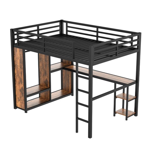 English Elm Queen Size Loft Bed Frame With Integrated Wardrobe, Desk & Storage Shelves For Space-Saving Style W1580S00178-GIGA