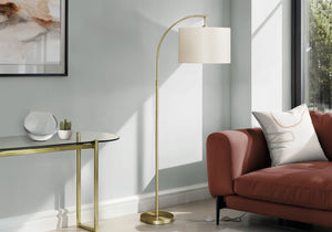 English Elm Lighting, 65"H arc floor lamp with ivory drum shade, sleek metal frame, 100W max, foot switch, modern ambiance Gold 26 L x 17 W x 16 H B2710P221308
