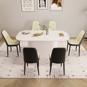 English Elm 63 Inch Modern Dining Set Six Pu Leather Chairs Mdf Table Matte Black Metal Legs Beige+Cream,Black W2189S00867