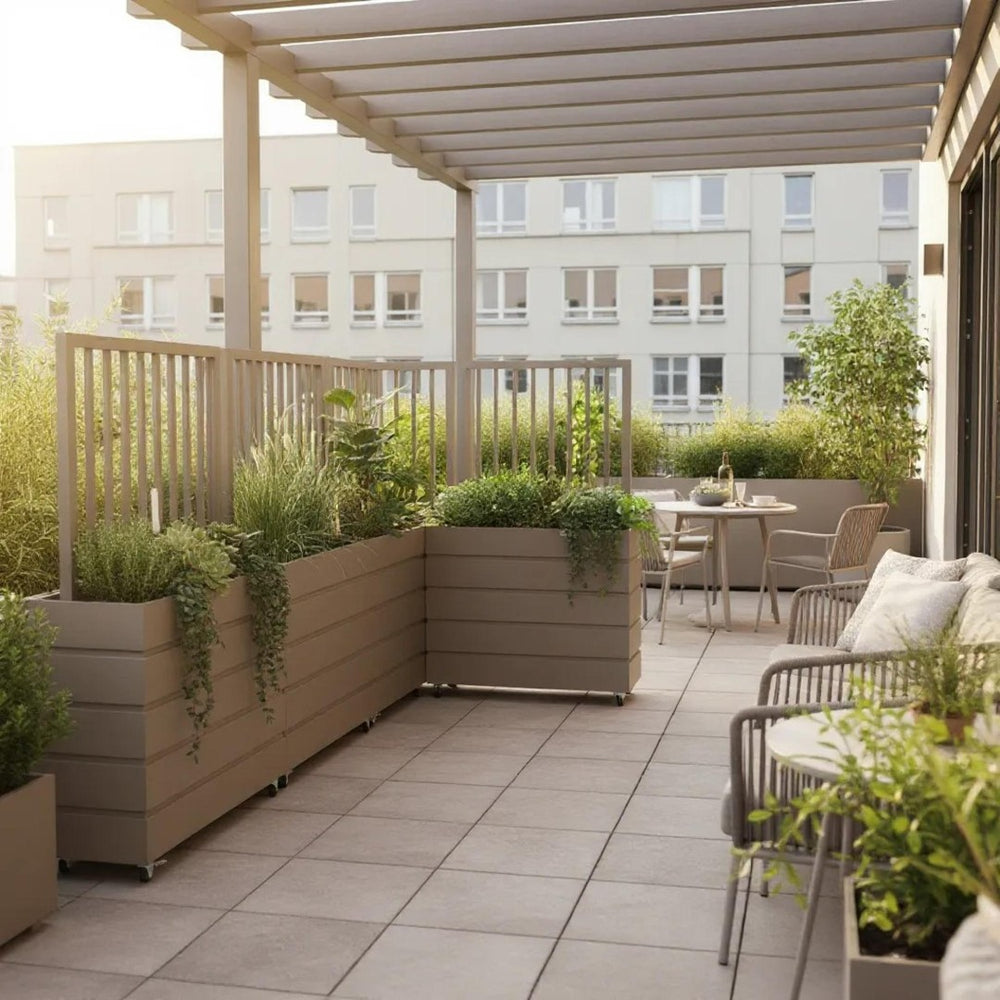 English Elm Terrace Tall Aluminum Divider Planter Warm Wood Tone Finish for Patios and Balconies Brown Grey B2755P462214