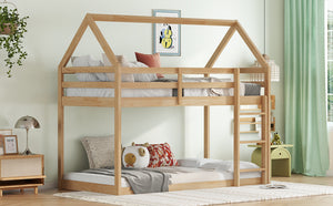 English Elm Twin Rubber Wood Floor Bunk Bed House-Shaped Design with Ladder Guardrails Sturdy Low-Profile Retreat White+Oak W504P206866