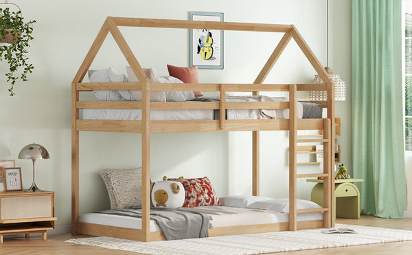 English Elm Twin Rubber Wood Floor Bunk Bed House-Shaped Design with Ladder Guardrails Sturdy Low-Profile Retreat White+Oak W504P206866