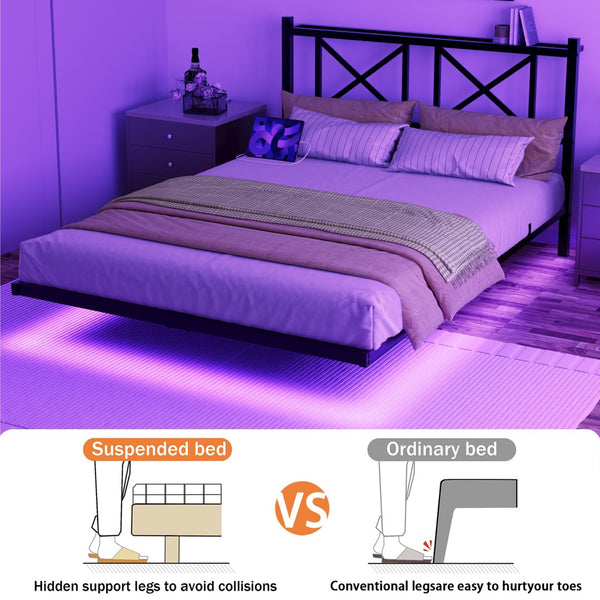 English Elm Queen Platform Bed with Rgb Led Underglow Storage Headboard and Usb Charging Ports W840P383354
