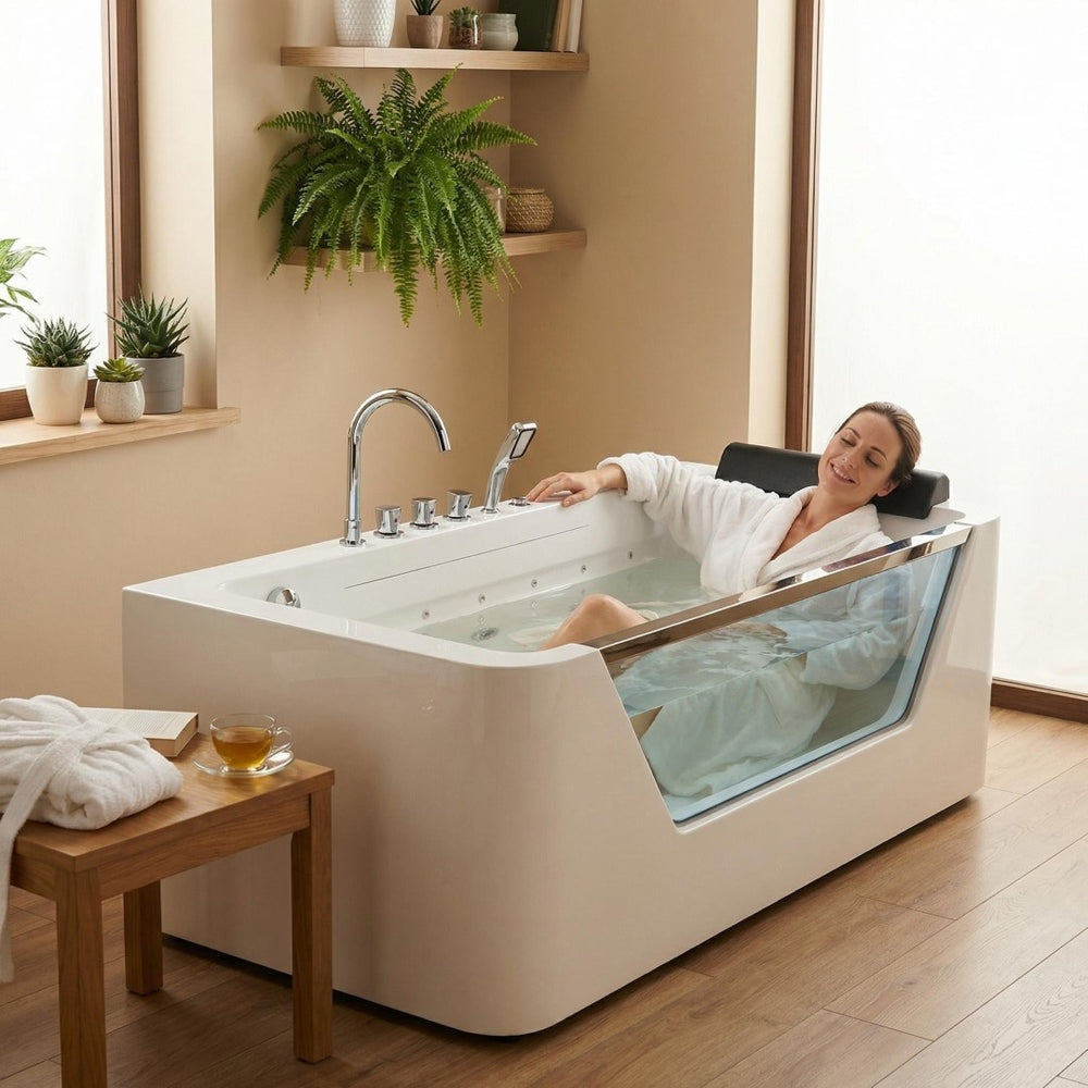 English Elm 67" Whirlpool Soaking Tub with Tempered Glass Apron Chromatherapy Jets Acrylic Spa W3605P400539